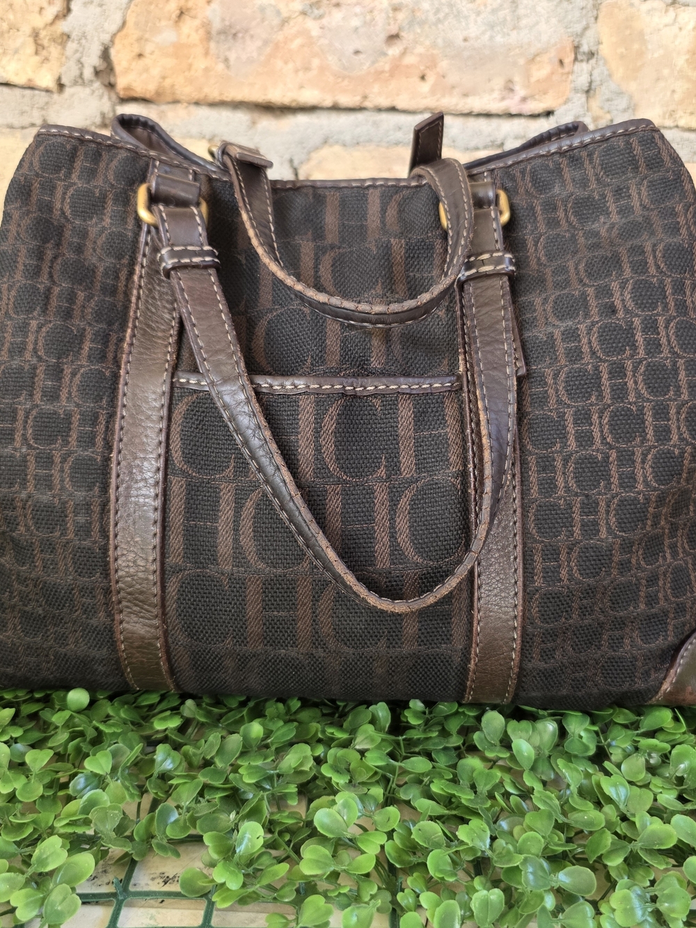 Carolina Herrera Vintage Monogram Tote Bag Brown Leather Trim
